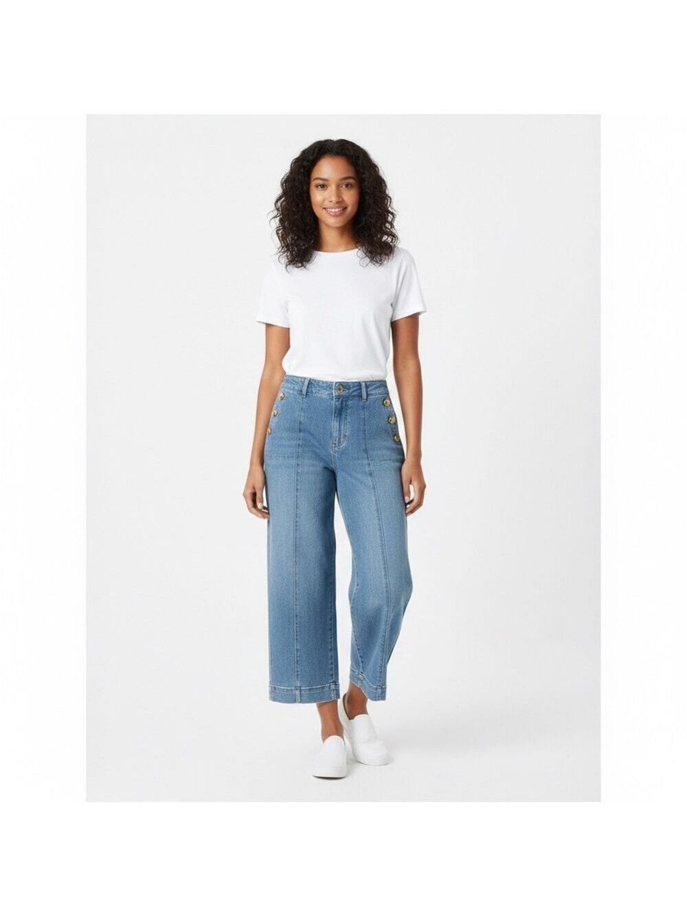 TALBOTS Medium Wash Wide Leg Cropped Denim Sailor Jeans Button Detail US Sz 12